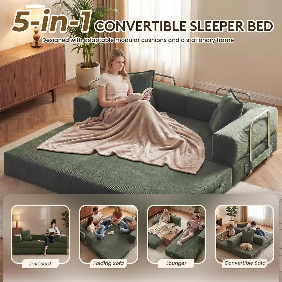 78 Inch 5‑in‑1 Convertible Boneless Futon Sofa Bed, Corduroy Multi‑Functional Sleeper Couch for Living Room Small Space