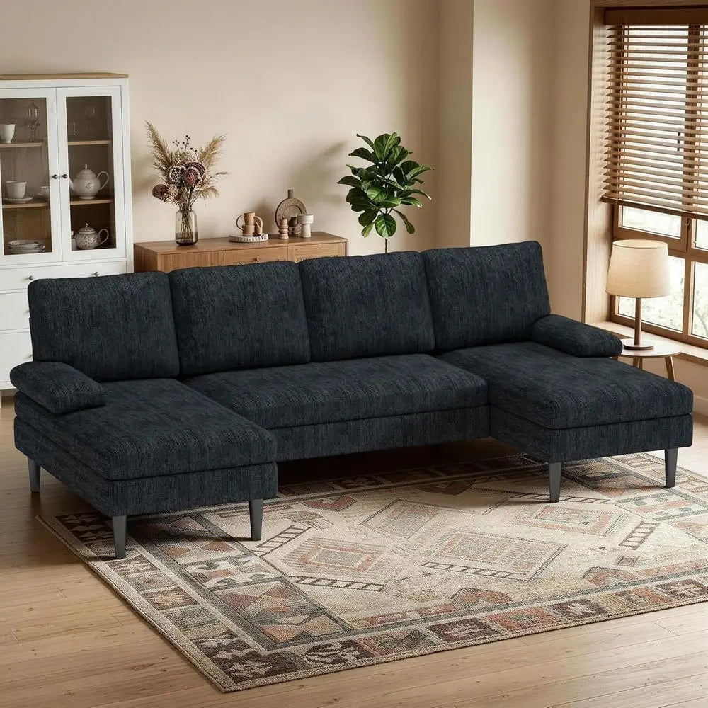 U-Shaped Sectional Couches for Living Room, 101 Inch Sofa with Double Chaise Lounge, Comfy Chenille Fabric 4-Seat Couch Set
