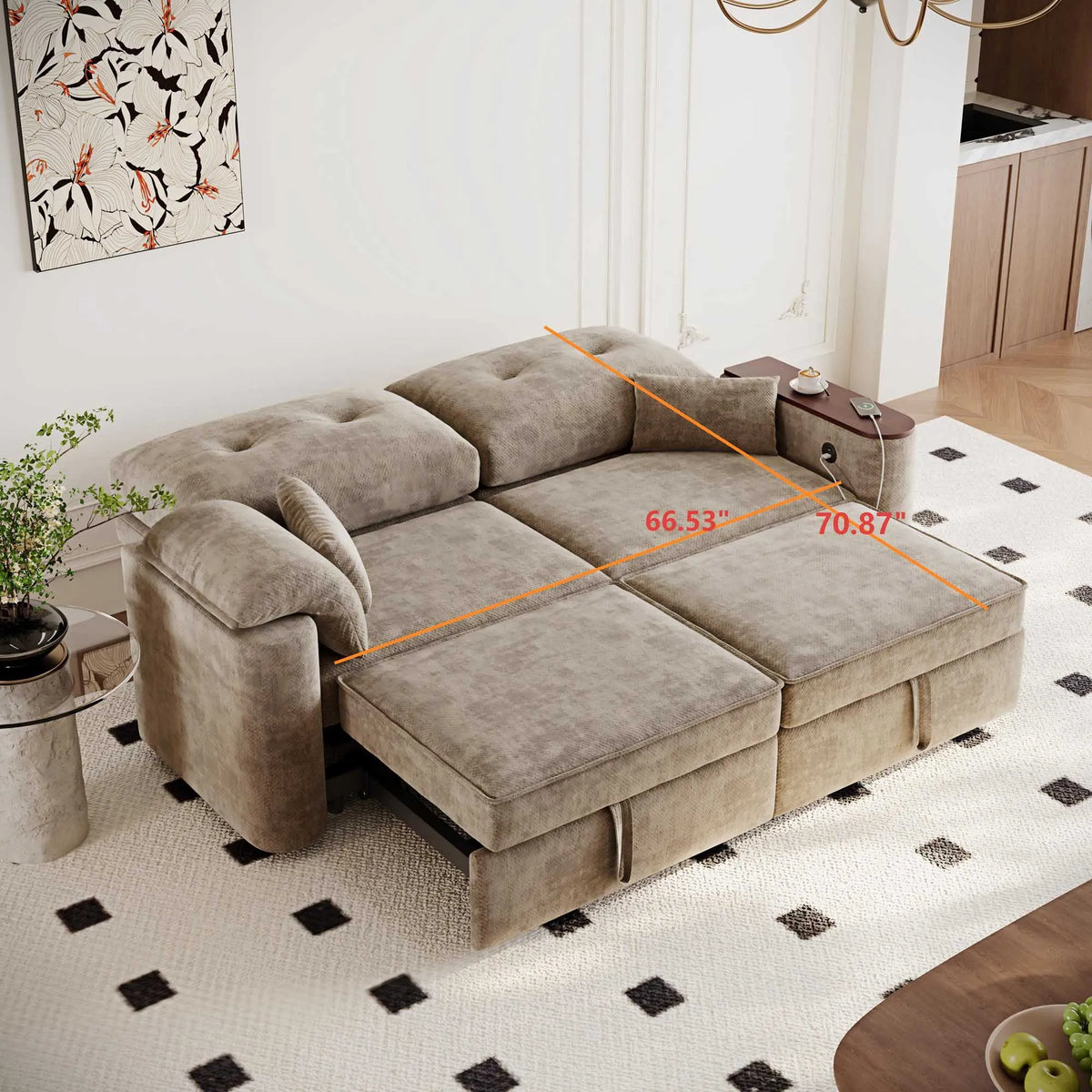 82" 3-in-1 Folding Convertible Sofa Bed with 270° Swivel Side Table, Pullout Sleeper Couch with USB Charging, Modern Chenille Fabric Sofa for Living Room, Khaki