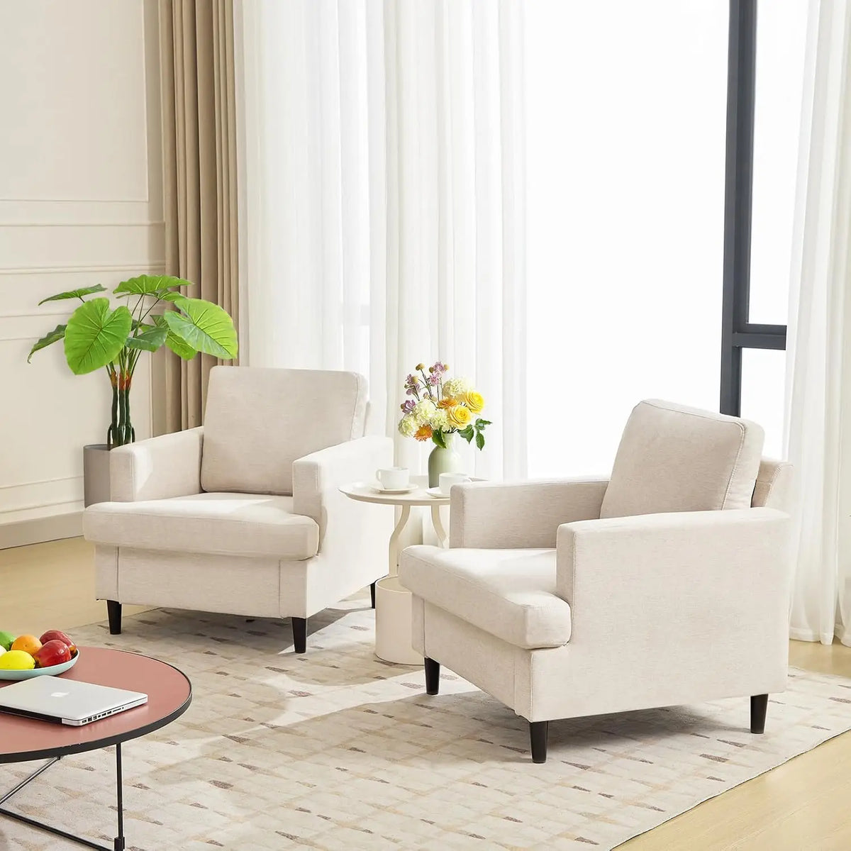 Mid-Century Modern Accent Chair Linen Fabric Reading Armchair Deep Seat High-Density Foam Solid Wood Legs, Comfy Chair for Small Space, Apartment