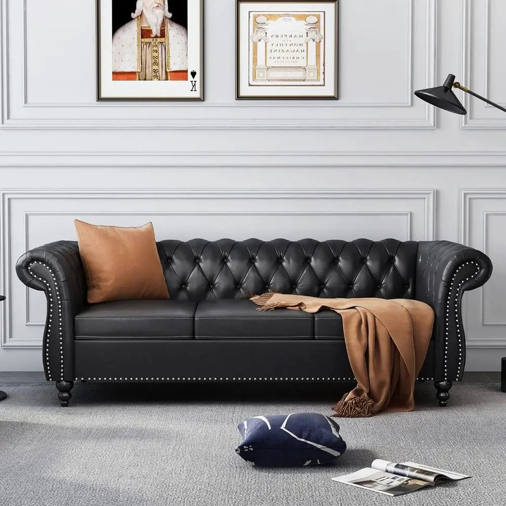 84" Chesterfield Sofa 3-Seater, Classic Roll Arm PU Leather Couch with Button Tufted Back, Stain Resistant