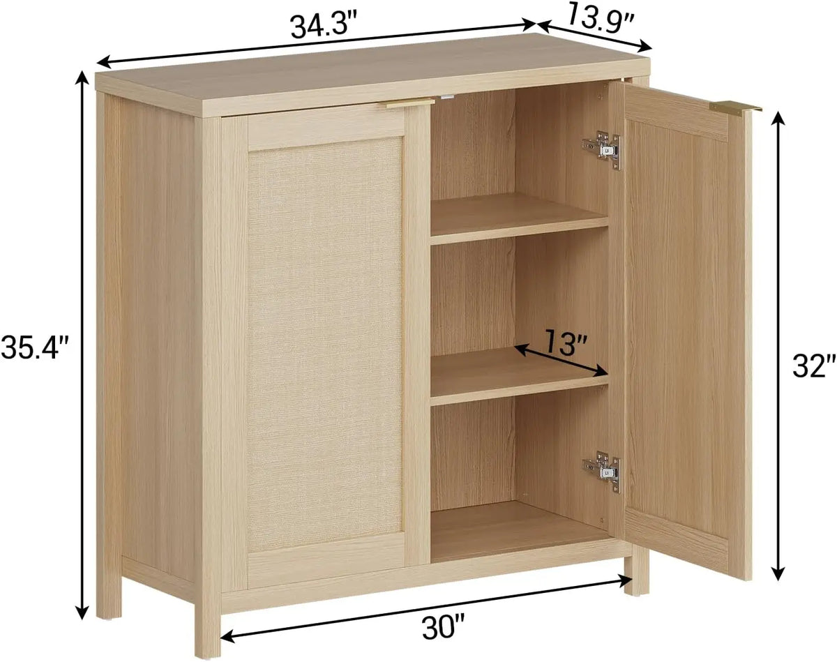 Cabinet Storage with Rattan Doors, Sideboard ,2 Adjustable Shelves, Particle Board Living Room Cabinets Glamour Modern Home Entryway Furniture