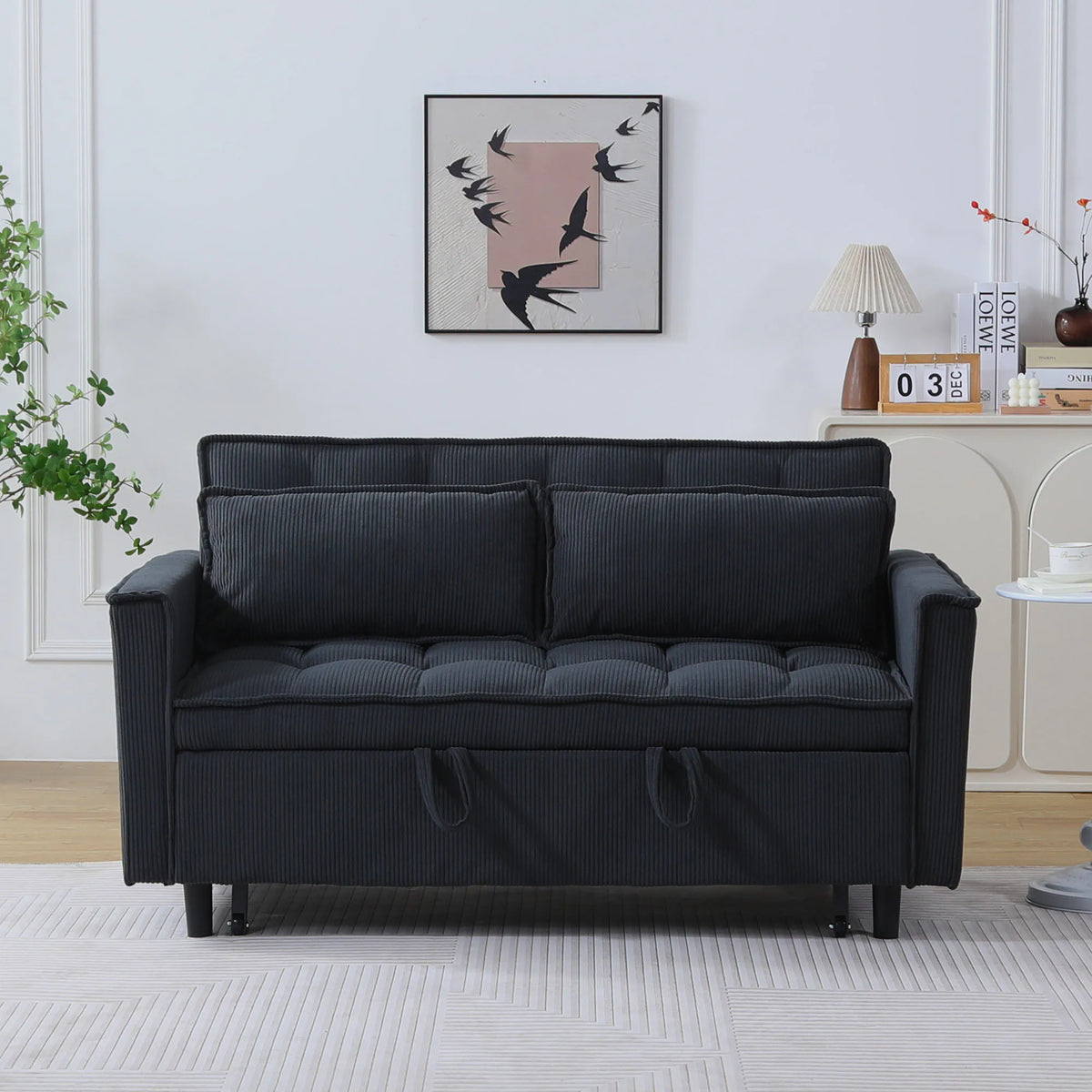 55.1" Corduroy Convertible Sleeper Sofa Bed, Pull Out 2-Seater Loveseat Couch with Side Storage Pocket & Throw Pillows, Compact Upholstered Sofa for Small Apartment Living Room Bedroom