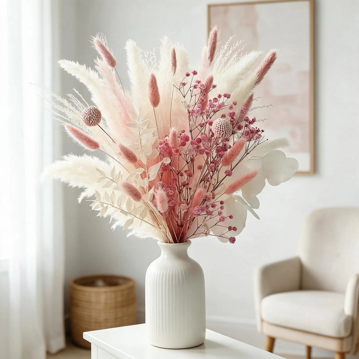 58PCS Pink Pampas Grass Bouquet 17.5in Mixed Dried Flowers Bunny Tails Eucalyptus Baby's Breath Craspedia Reed Grass Soft Pink Boho Wedding Home Decor Farmhouse Table Centerpiece Vase Filler Long Lasting Gift Vase Not Include