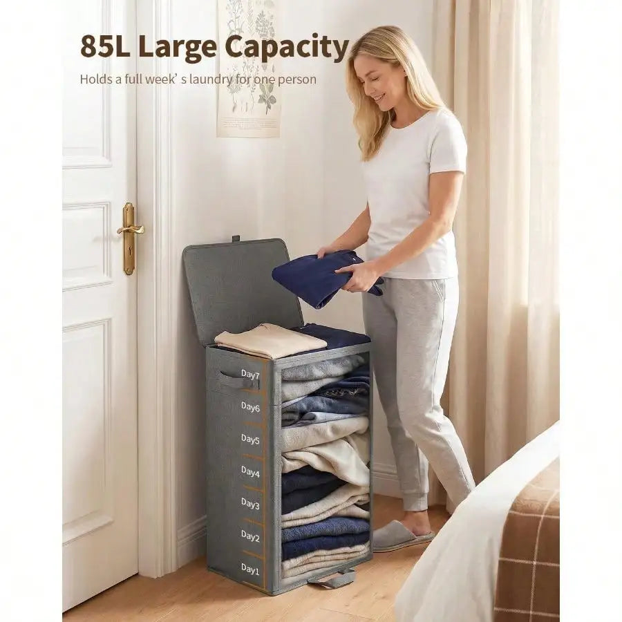 85L Laundry Hamper With Lid, Tall Dirty Clothes Hamper, Foot Loop Removable Bag Easy To Lift And Carry, Tall Collapsible Laundry Basket Bathroom, Bedroom, Laundry Room, Dorm