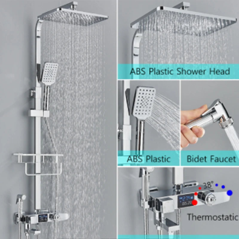 Black Smart Thermostatic Shower Faucet Set Bathroom Intelligent Rainfall Digital Mixer Tap With Rack and Bidet Bath System