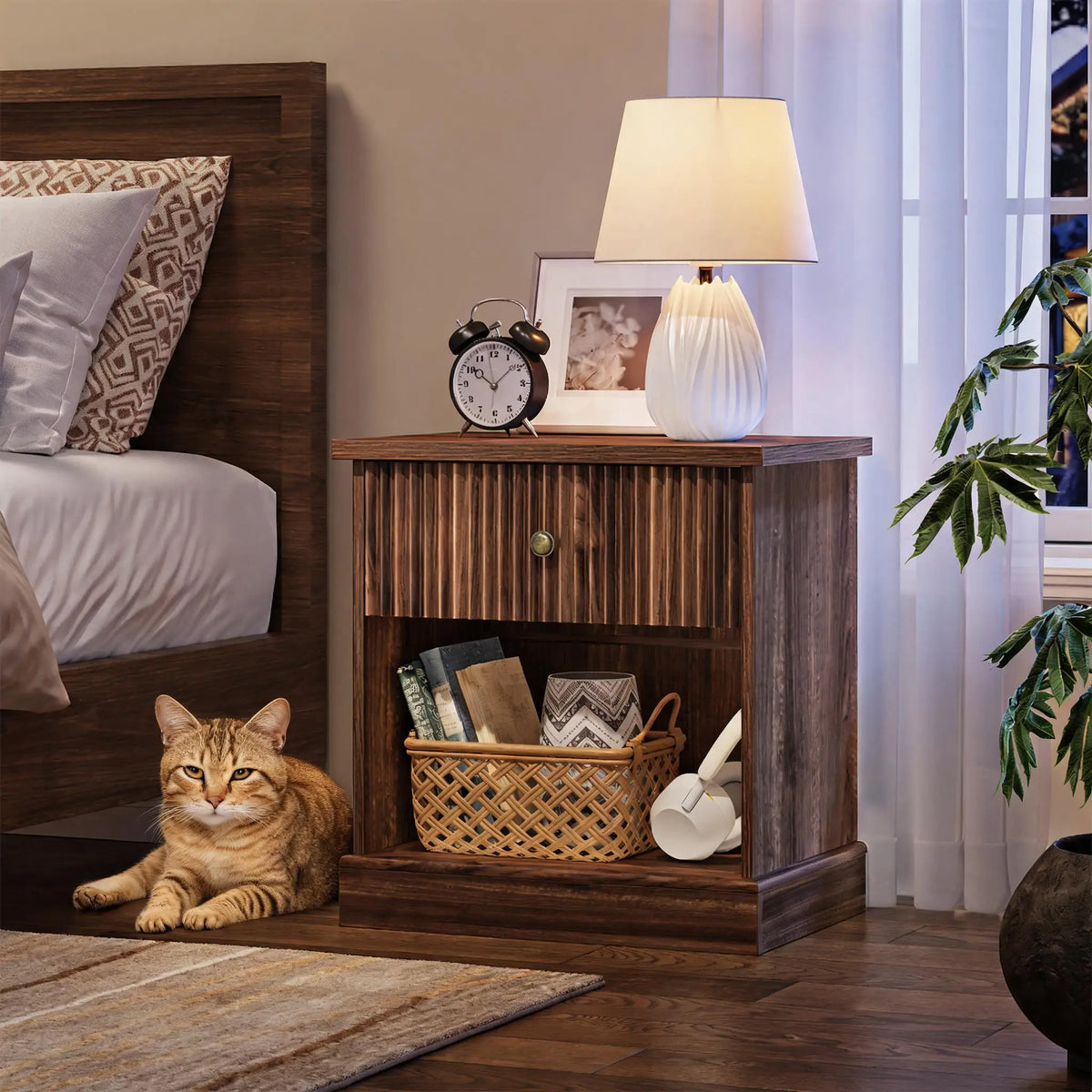 Mid-Century Modern Fluted Bedside Table | Single Drawer & Open Shelf – Natural Oak Finish MDF Bedside Table for Bedroom or Living Room