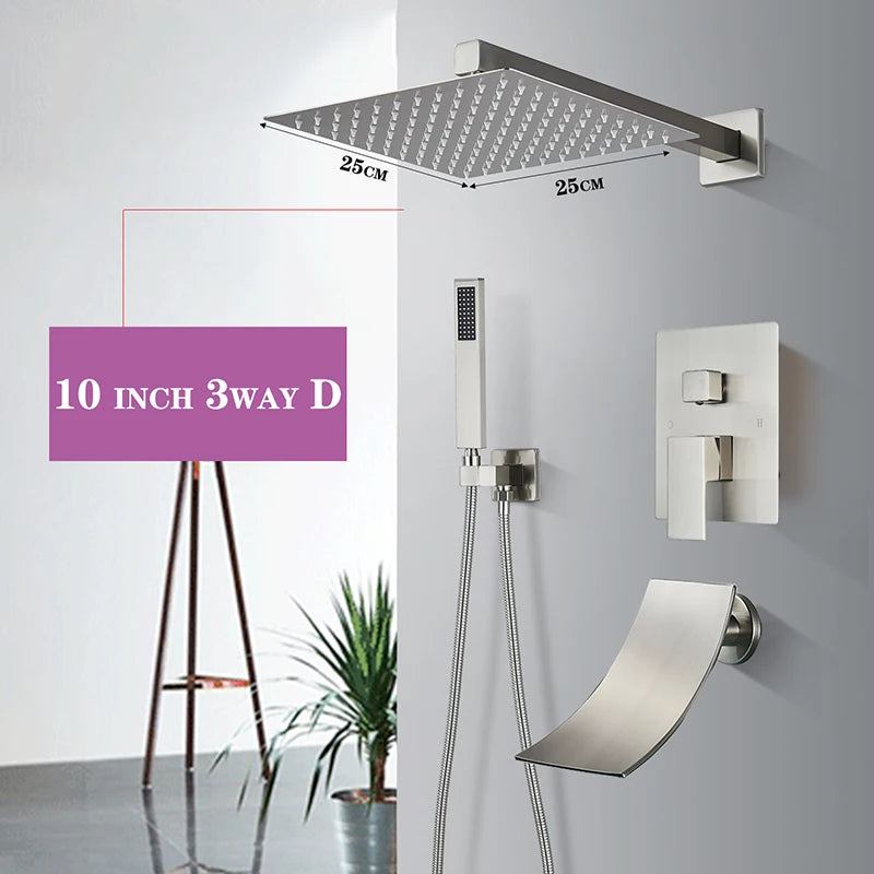 Brushed Nickel Concealed Shower Faucet Set Embedded Cartridge Faucet Rainfall Shower Head Rotate/Waterfall Bath Spout Mixer Tap