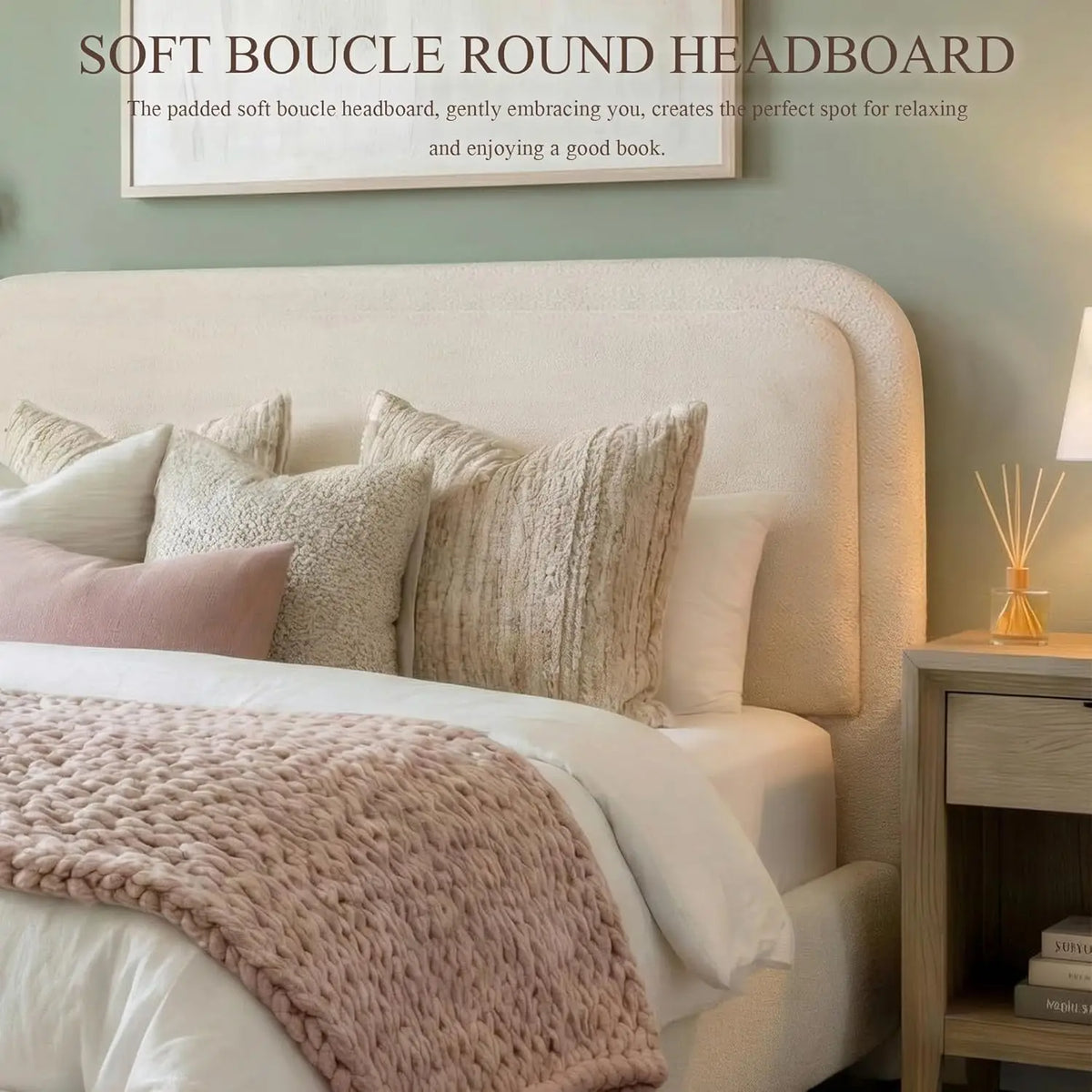 Full Size Upholstered Bed Frame Boucle Rounded Headboard Solid Wood Legs Boho Easy Assembly No Box Spring Needed, Customized