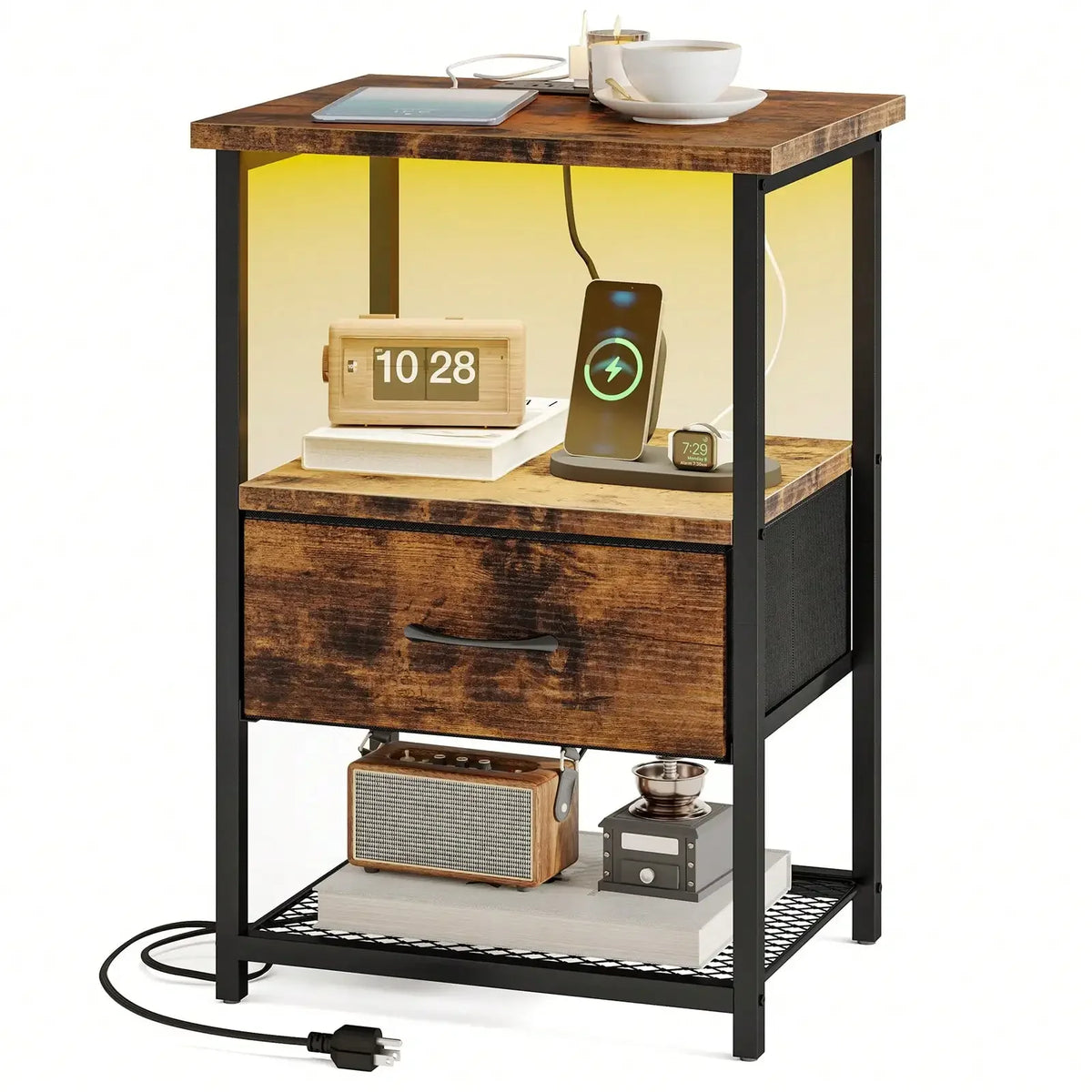 Beside Table With Charging Station, LED Nightstand With Fabric Drawers, End Table With PU Finish, Bedside Table, For Bedroom