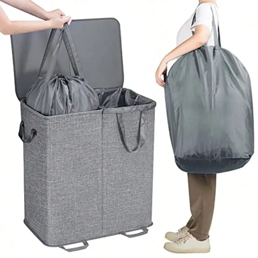 Double Laundry Hamper With Lid And Removable Laundry Bags Large Collapsible 2 Dividers Dirty Clothes Basket With Handles 136L Gray