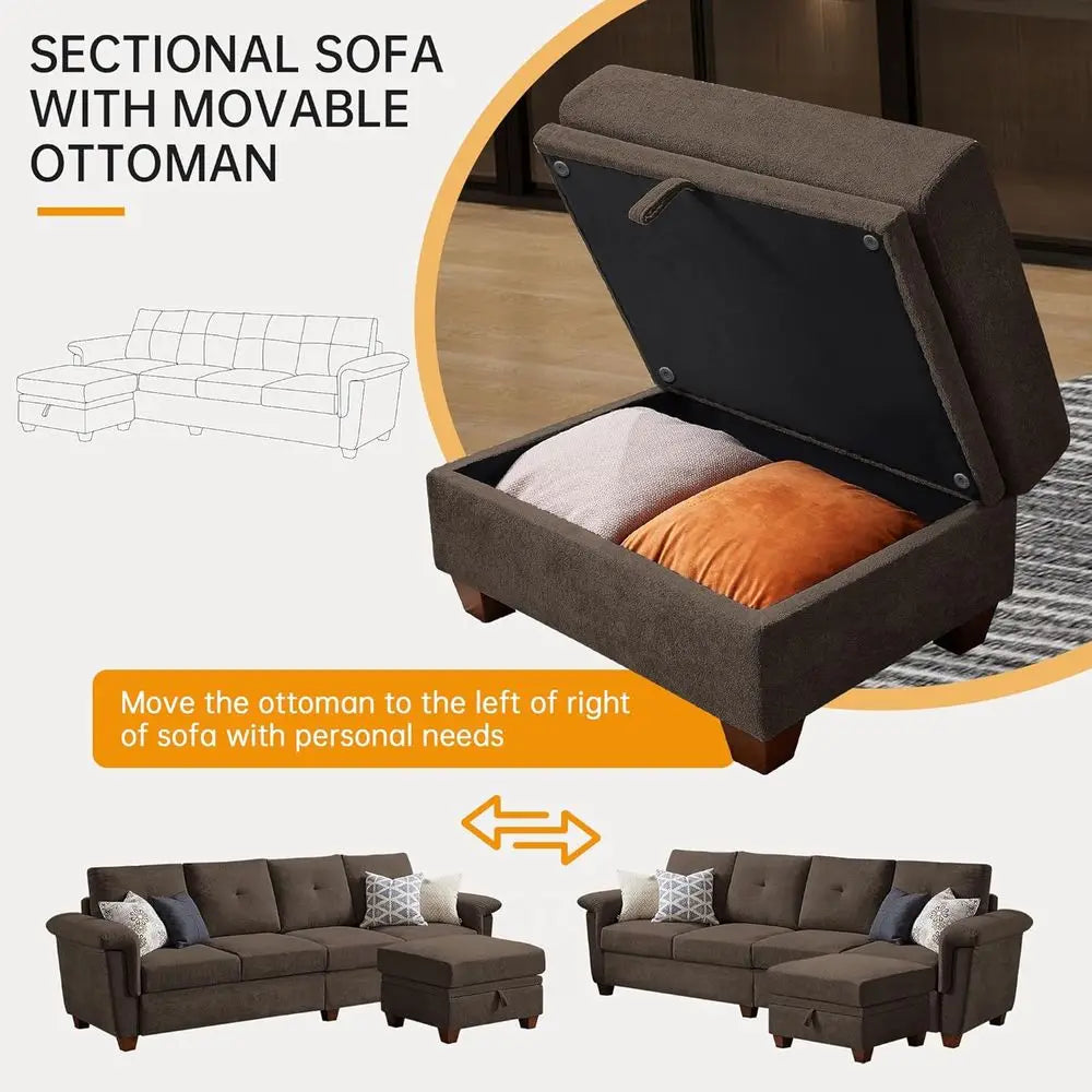Convertible Sectional Sofa with Storage, 4 Seat L Shaped Couch with Chaise and Cup Holder, Microfiber Fabric