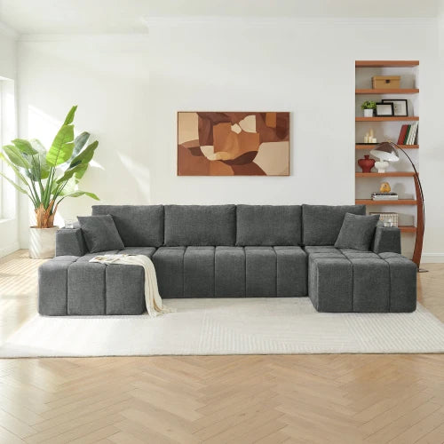 132" U-Shaped Chenille Sectional Sofa, Cloud Couch Sleeper Bed with Dual Lounges, Modern Living Room Furniture with Cup Holders, No Assembly, Black