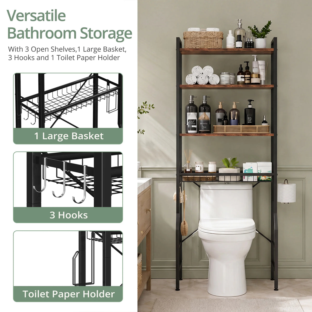 4-Tier Freestanding Bathroom Organizer Shelf Over Toilets with Adjustable Storage Rack Shelf and Basket Space Saver Above Toilet Storage Cabinet with 3 Hooks for Rooms