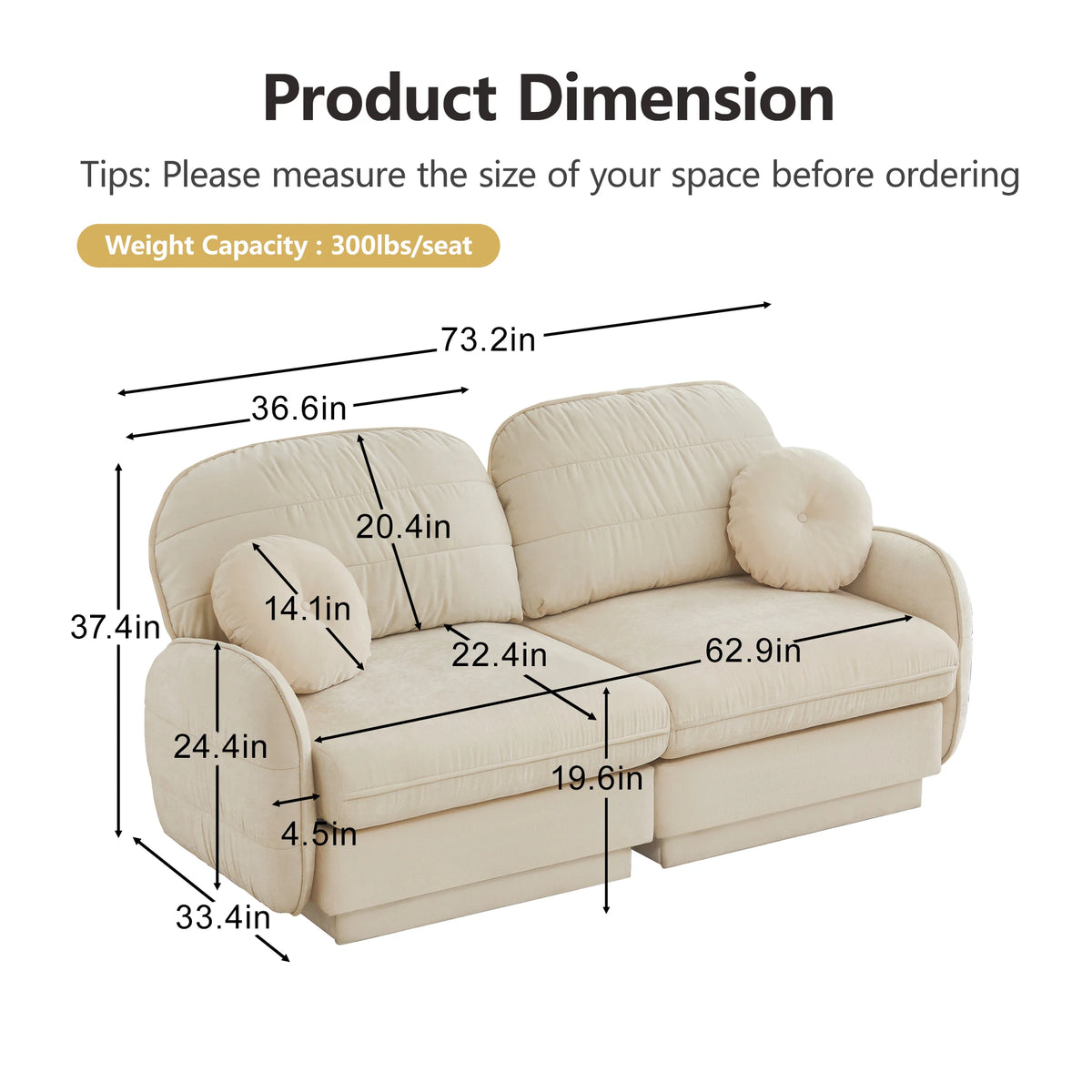Chenille Loveseat Sofa 2-Seater Cloud Sofa with Round Pillows, Deep Seat Sofa Couch For Living Room