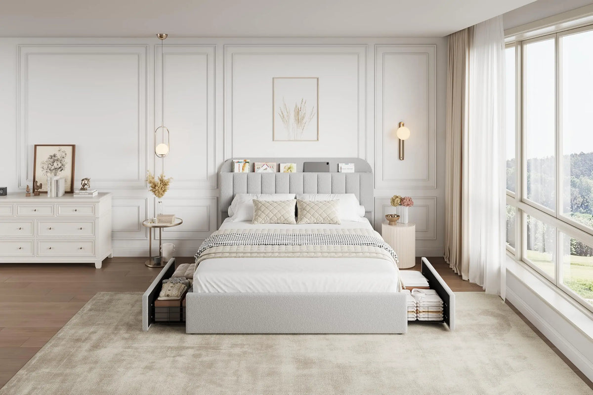Full Size Boucle Upholstered Platform Bed Frame with Storage Headboard & 2 Drawers, Gray Bed Frame, No Box Spring Needed, Noise Free, Easy Assembly
