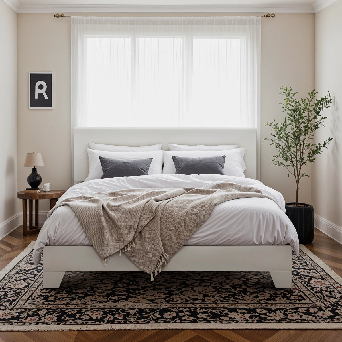Upholstered Bed Frame with Adjustable Headboard, Soft Linen Fabric, Strong Supporting Structure, Noise-Free