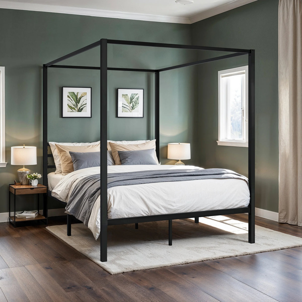 Canopy Bed Frame, Enhanced 4-Poster, 3-Metal Crossbar, No Box Spring Needed, Easy Assembly