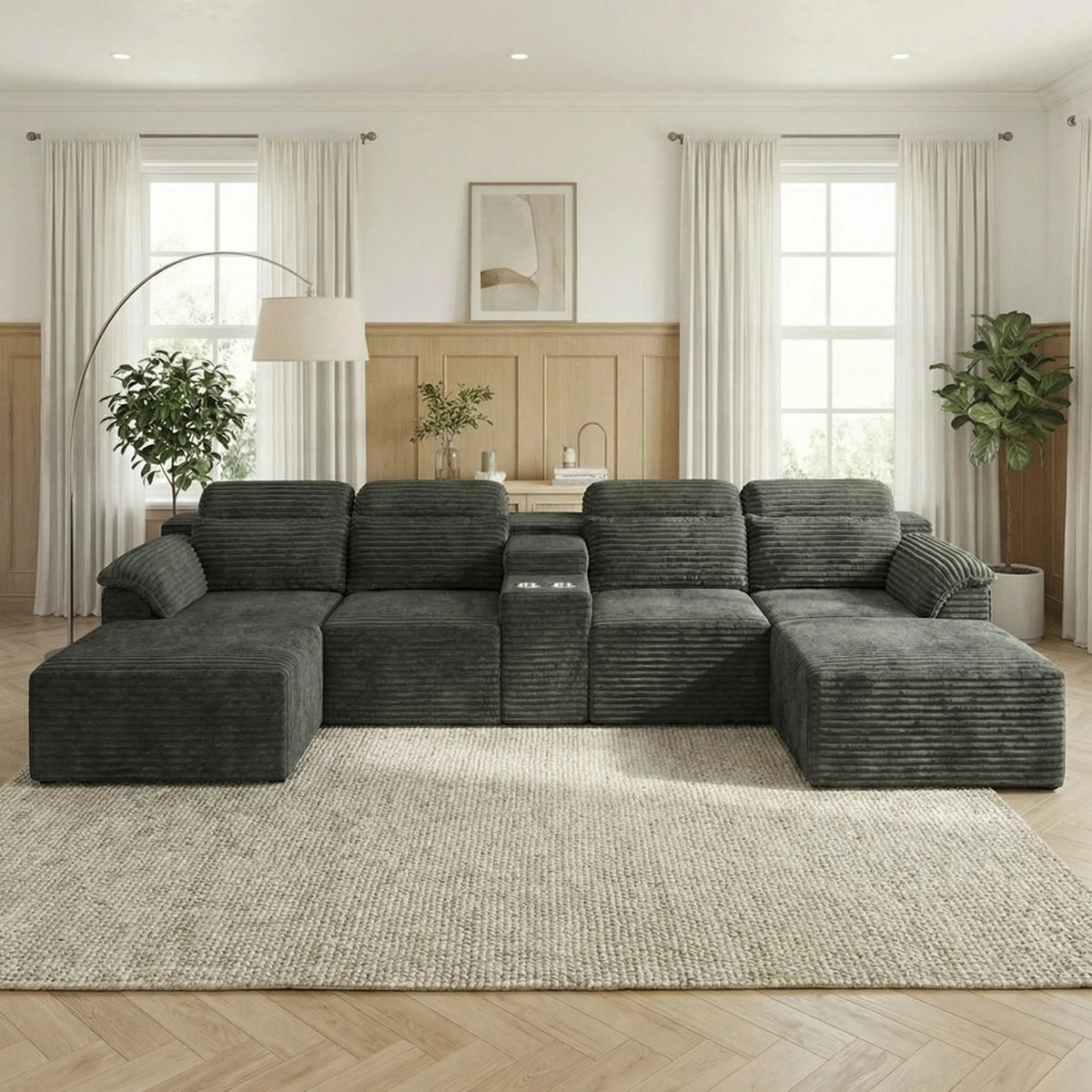 147" Luxury Cloud U-Shaped Sectional Couch, No Assembly Convertible Corduroy Modular Sofa Bed For Living Room, Home Theater, Villa, Apartment & Study