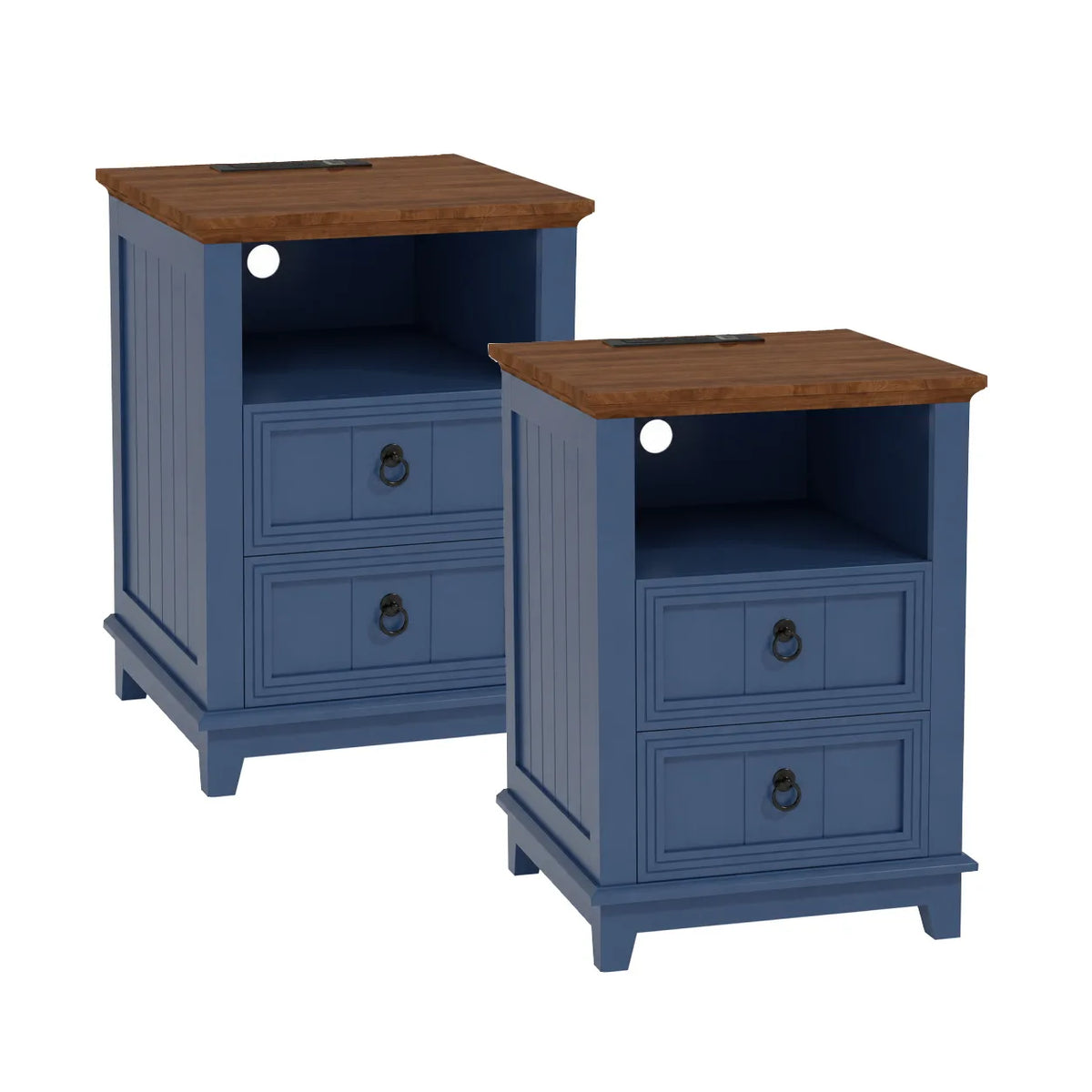 18 Inch Wood Nightstand with USB Charging Station Modern Fluted Bedside Table 2 Drawer End Table with Storage Shelf for Bedroom, Living Room, Blue