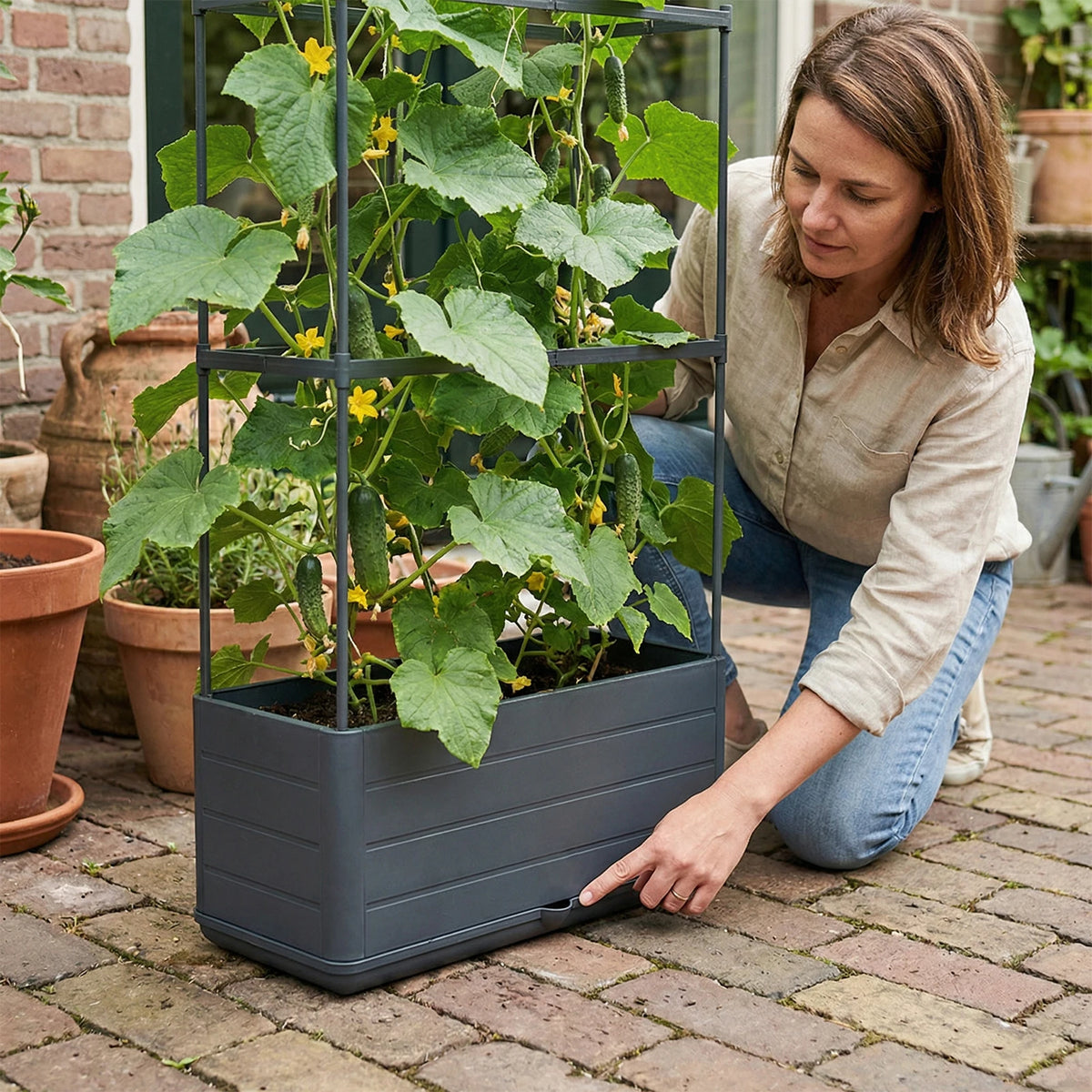Raised Garden Bed Planter Box with Trellis Self-Watering Plant Support Planter for Climbing Vegetables Plants Outdoor Patio