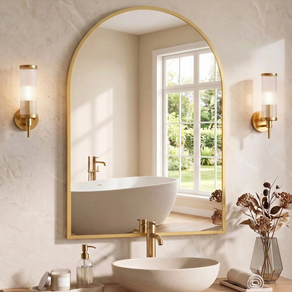 Arched Bathroom Mirror or Over Sink Wall Mounted Aluminum Alloy Frame Mirror Horizontal or Vertical Hanging Modern Wall Mount Vanity Mirror for Home