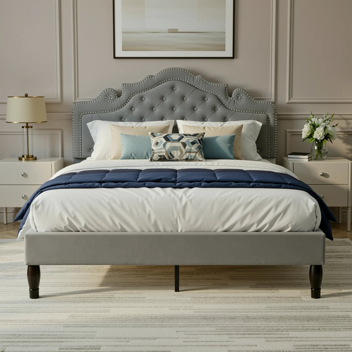 Full/Queen/King Size Velvet Bed Frame with Adjustable Tiara Headboard, Diamond Tufted Upholstered Platform Bed