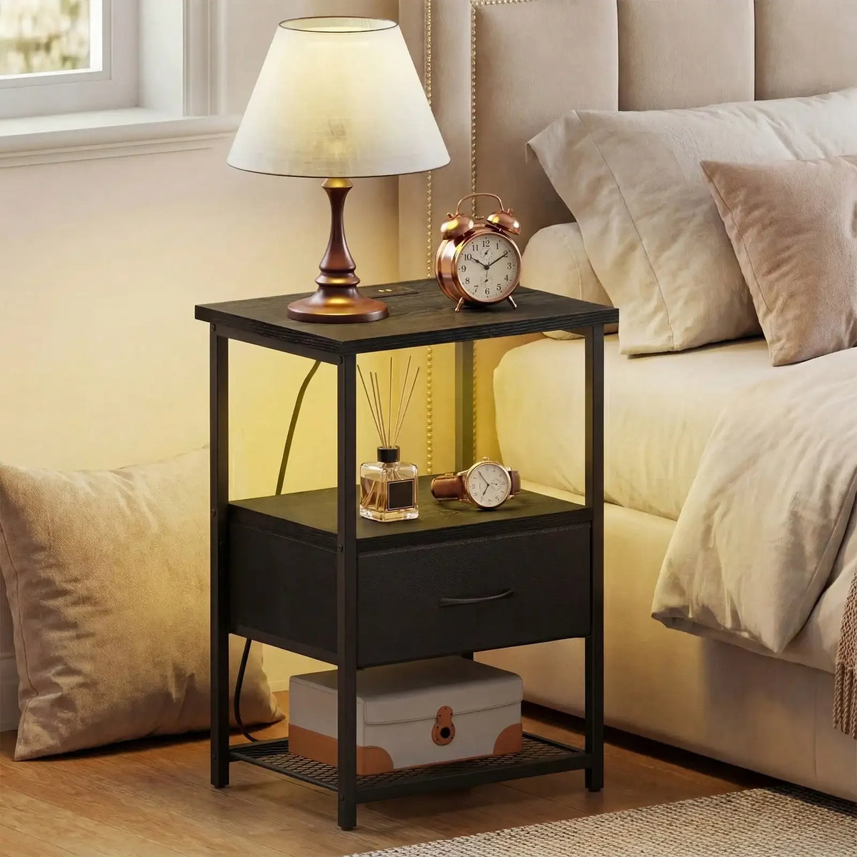 Beside Table With Charging Station, LED Nightstand With Fabric Drawers, End Table With PU Finish, Bedside Table, For Bedroom