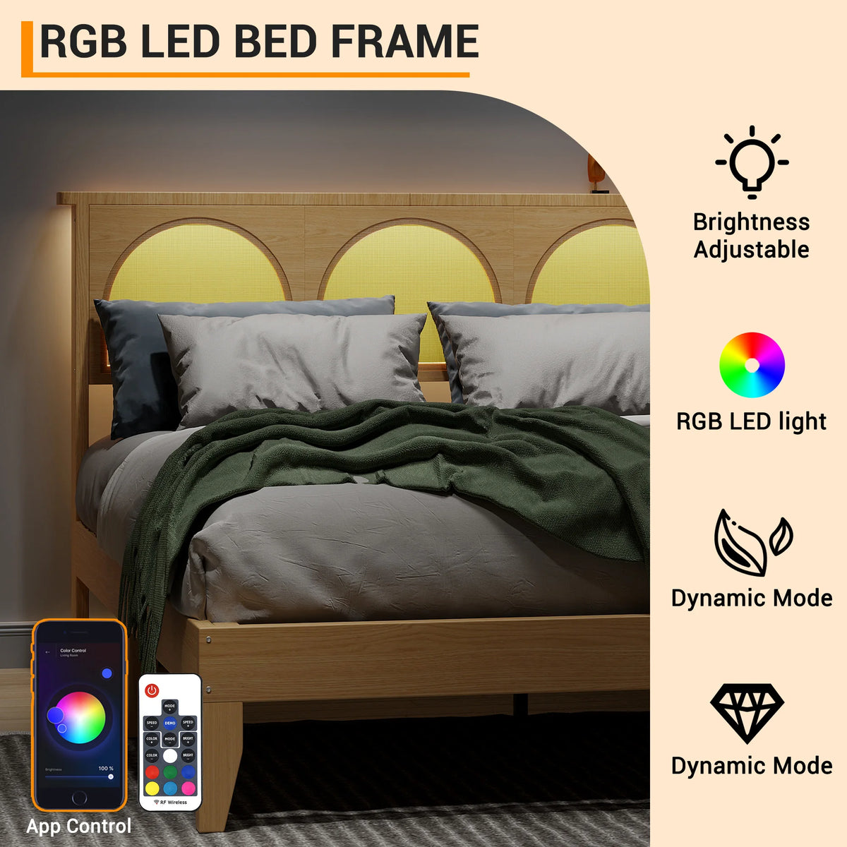 Modern Queen Platform Bed Frame with Natural Rattan Headboard, LED Lighting, 8" Storage, Sturdy Wooden Slats, Noise-Free Design, Easy Assembly, No Box Refresh Required