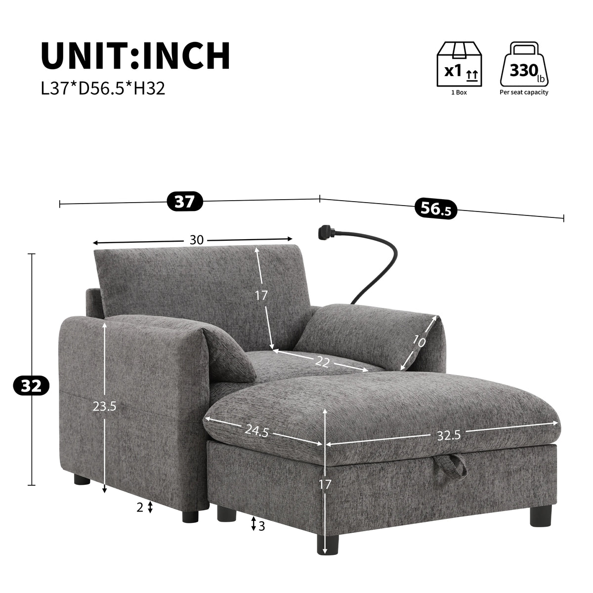 Modern Single Sofa Armchair With Storage Footstool and Adjustable Phone Holder Suitable for Living Room Bedroom Apartment Small Space and Home Office