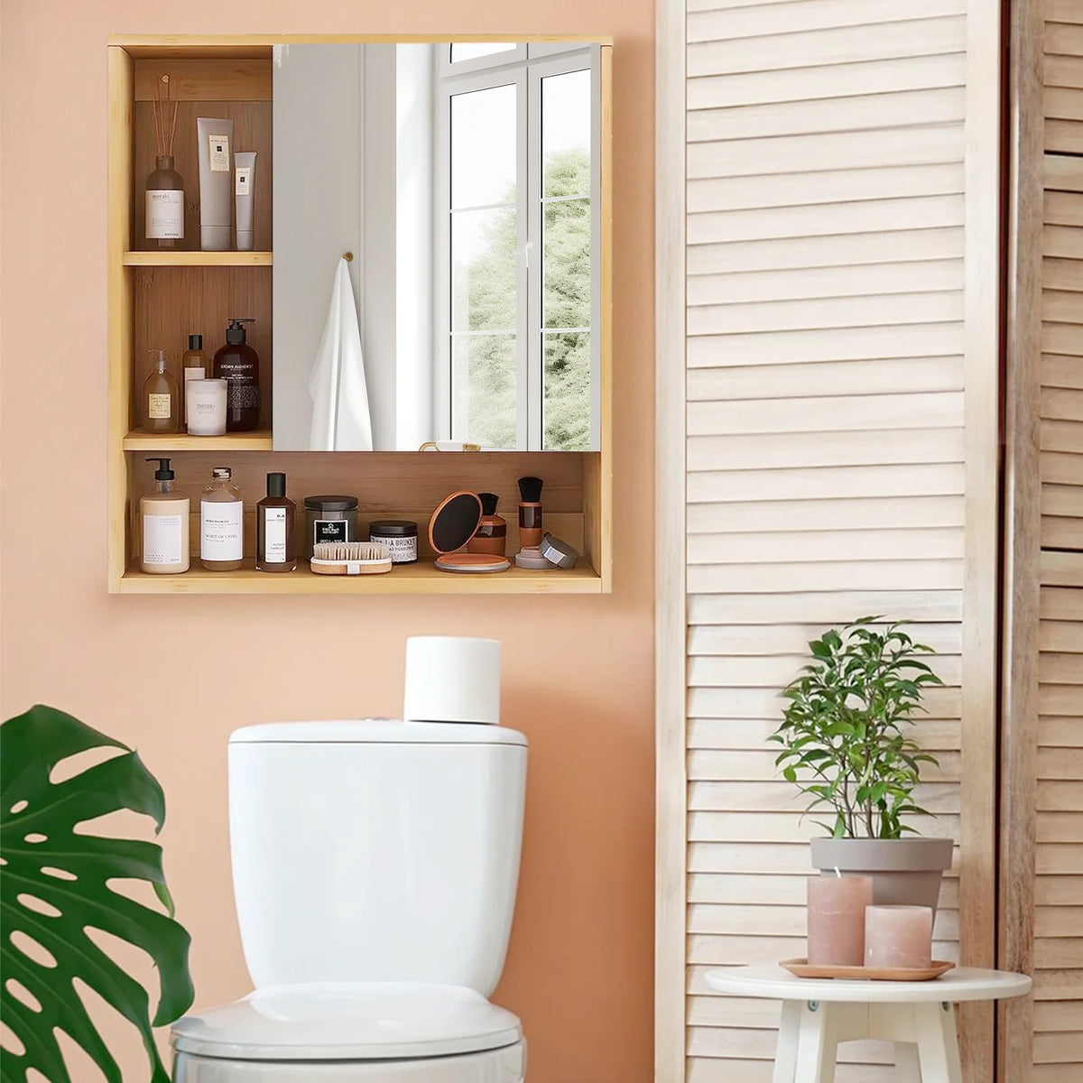 Wall Medicine Cabinet Cupboard Natural Bamboo Bathroom Vanity Mirror 5 Open Storage Shelf