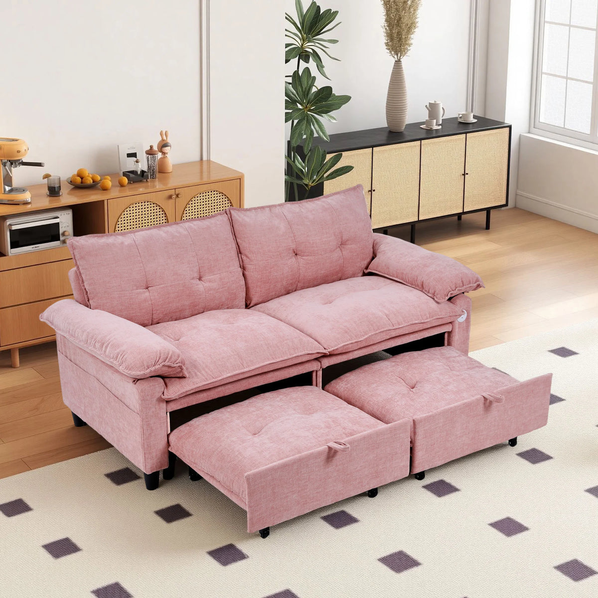 Double-person Convertible Sleeping Lounging Sofa With USB Charging Port 2-in-1 Upholstered Sofa Equipped With Thick  High-density Cushions Suitable for Small-sized Living Rooms Bedrooms Study Rooms Offices