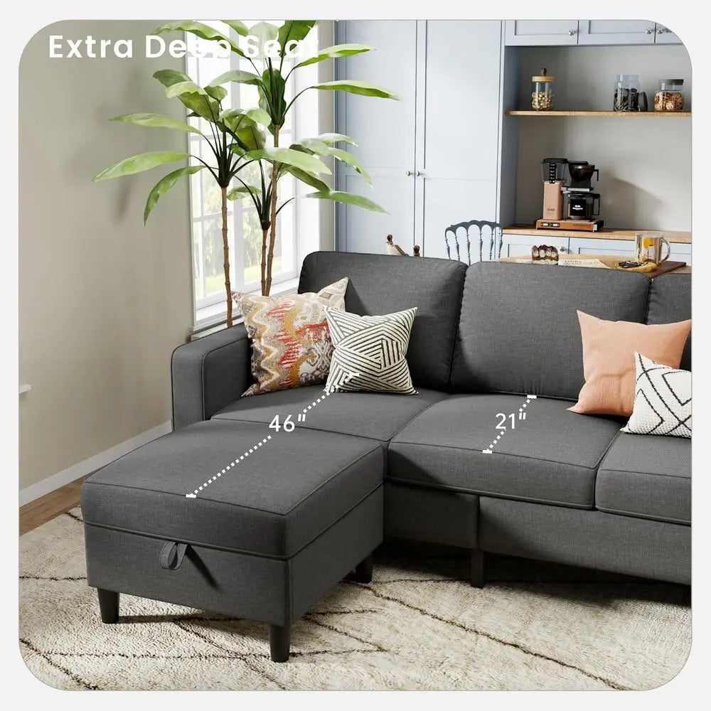 Sectional Sofa Couches for Living Room, Grey 3 Seat L-Shaped Couch with Storage Ottoman, Comfy Linen Convertible Sectionals Sofas