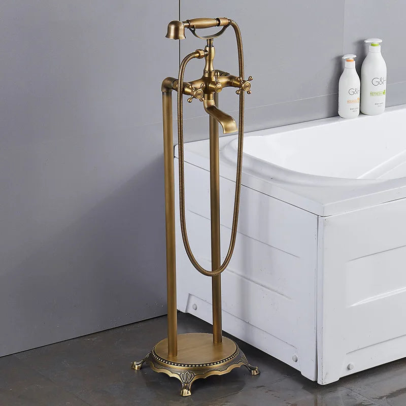 Brass Bathroom Faucet Bathtub Faucets 360 Rotation Floor Stand Faucets Telephone Type Hand Shower Antique Bath Shower Set