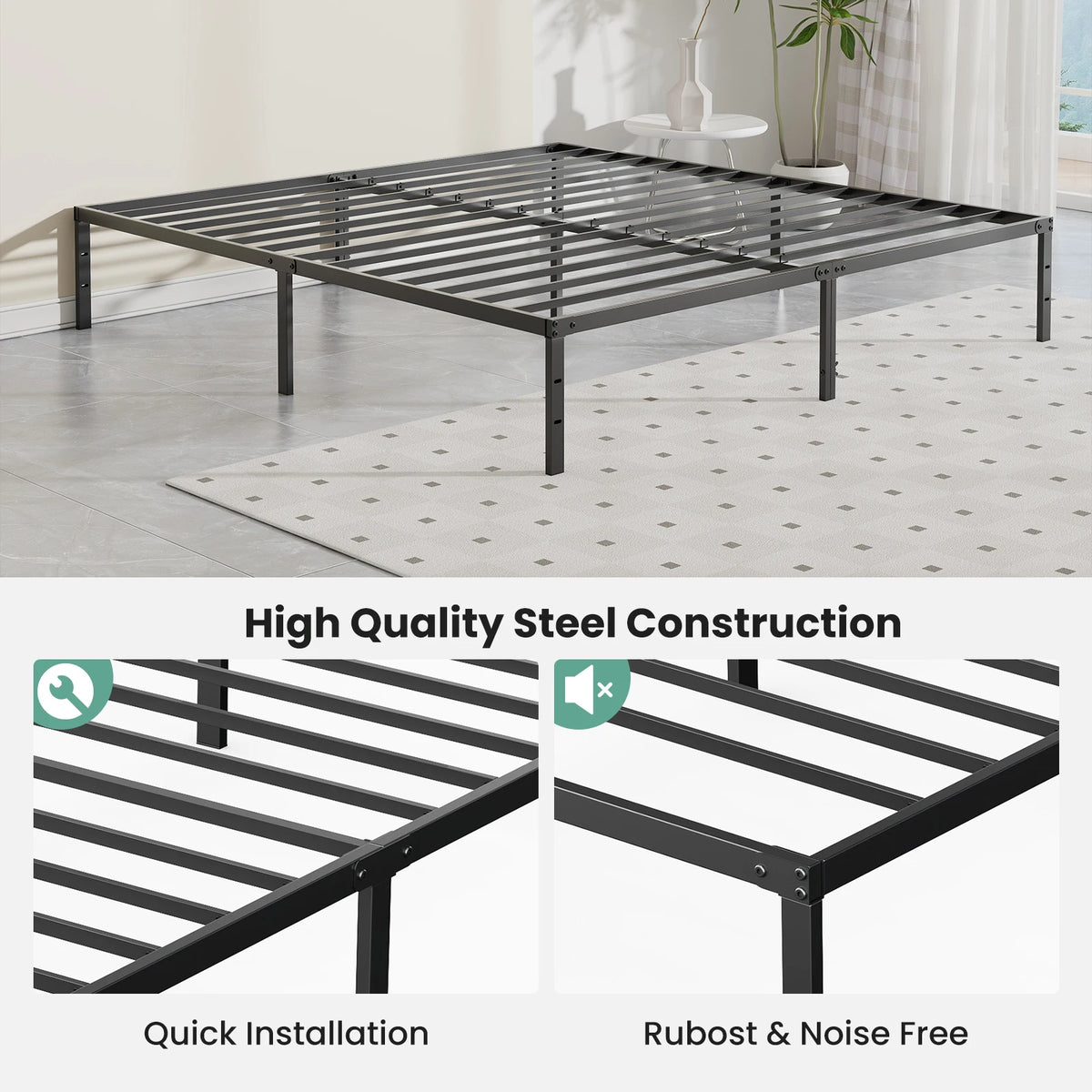 Metal Platform 16IN Tall Basic Bed Frame Sturdy Steel Heavy Duty with Storage Space Bedroom Frames Slat Support For Home