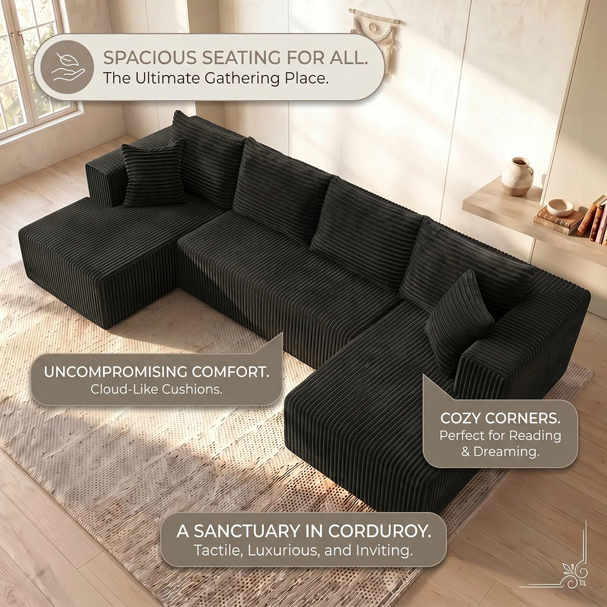 Black Striped Corduroy L Shape Sectional Sofa Double Reversible Chaise Modular Oversized Cloud Couch No Assembly Compressed Packaging Cozy Living Room Home Furniture