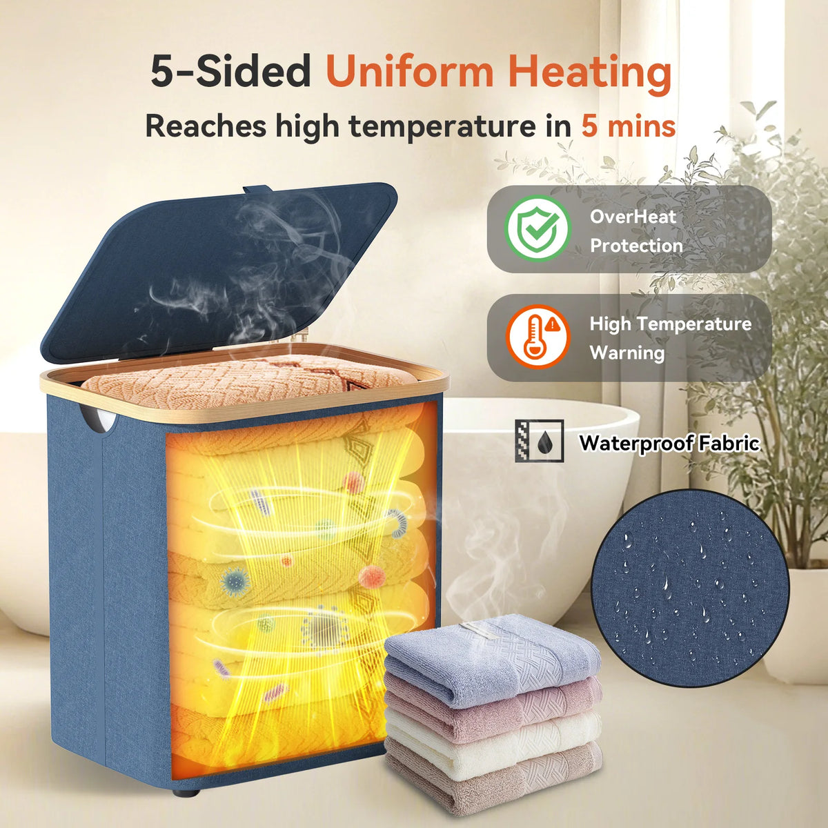 38L Foldable Towel Warmer 2-in-1, 5-Sided Fast Heating Towel Heater Basket with 20/40/60min Timer, Removable Heating Liner, Overheat Protection for Bathroom Laundry Room