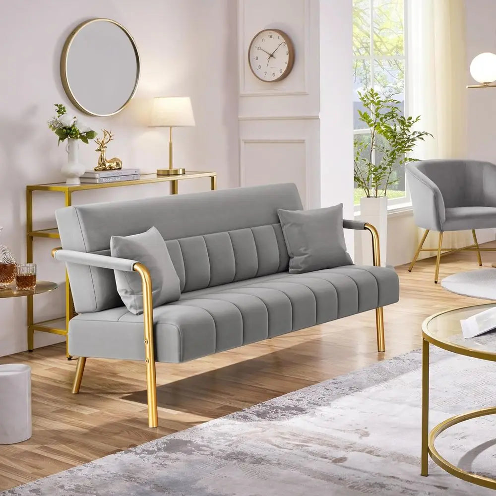 56.5" Luxurious Velvet fabric Couch with Gold-Tone Metal Arms and Legs or Living Room, Home Office