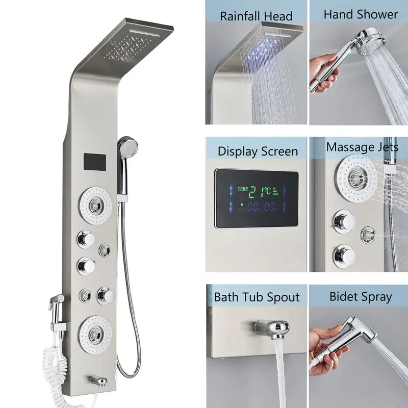 LED Bath Shower Faucet Digital Display Bath Shower Panel Tower Shower Column Waterfall LED Shower Head W Body Masssage SPA Jet