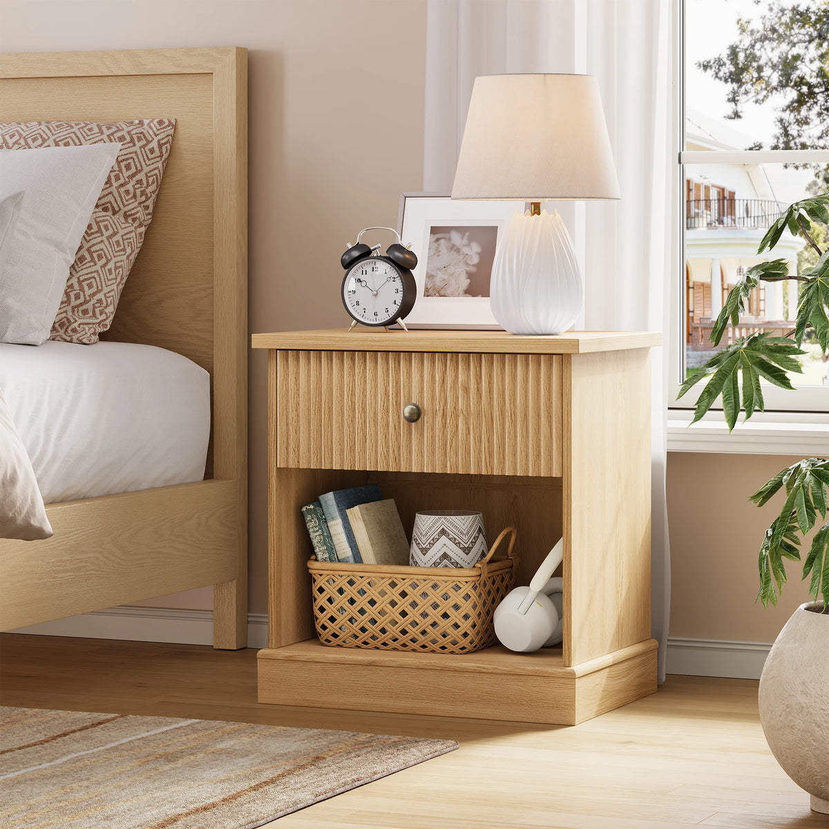 Mid-Century Modern Fluted Bedside Table | Single Drawer & Open Shelf – Natural Oak Finish MDF Bedside Table for Bedroom or Living Room