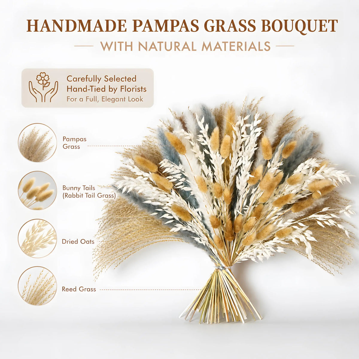 100PCS Pampas Grass Bouquet 17.5in Mixed Dried Flowers Bunny Tails Dried Oats Reed Grass Dusty Blue White Beige Boho Neutral Home Wedding Decor Farmhouse Table Centerpiece Vase Filler Rustic Minimalist Handmade Vase Not Inclu