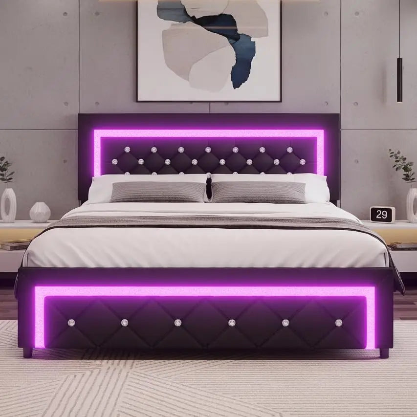 Queen Bed Frame LED Diamond Tufted Headboard Black, Customized