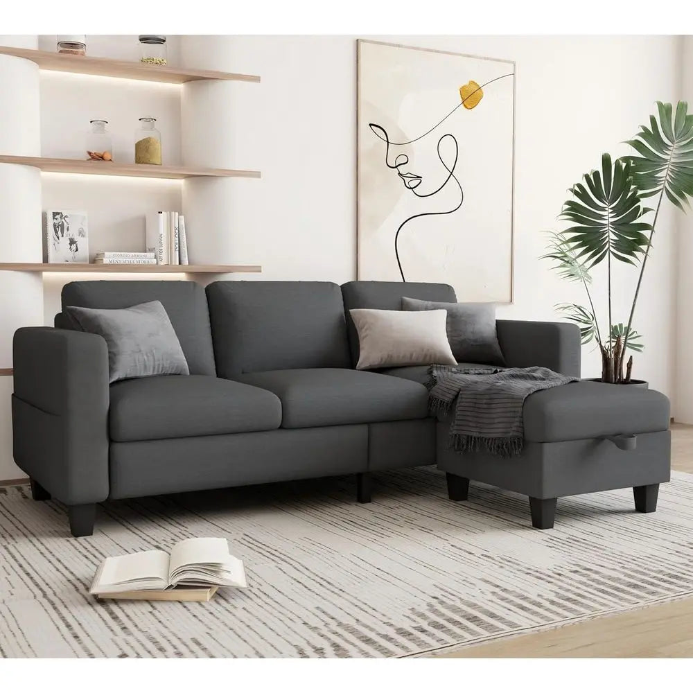 Sectional Couches or Living Room - Convertible L-Shaped Couch, Grey 3 Seater Linen Sofa, 78" Sofas with Storage Ottoman