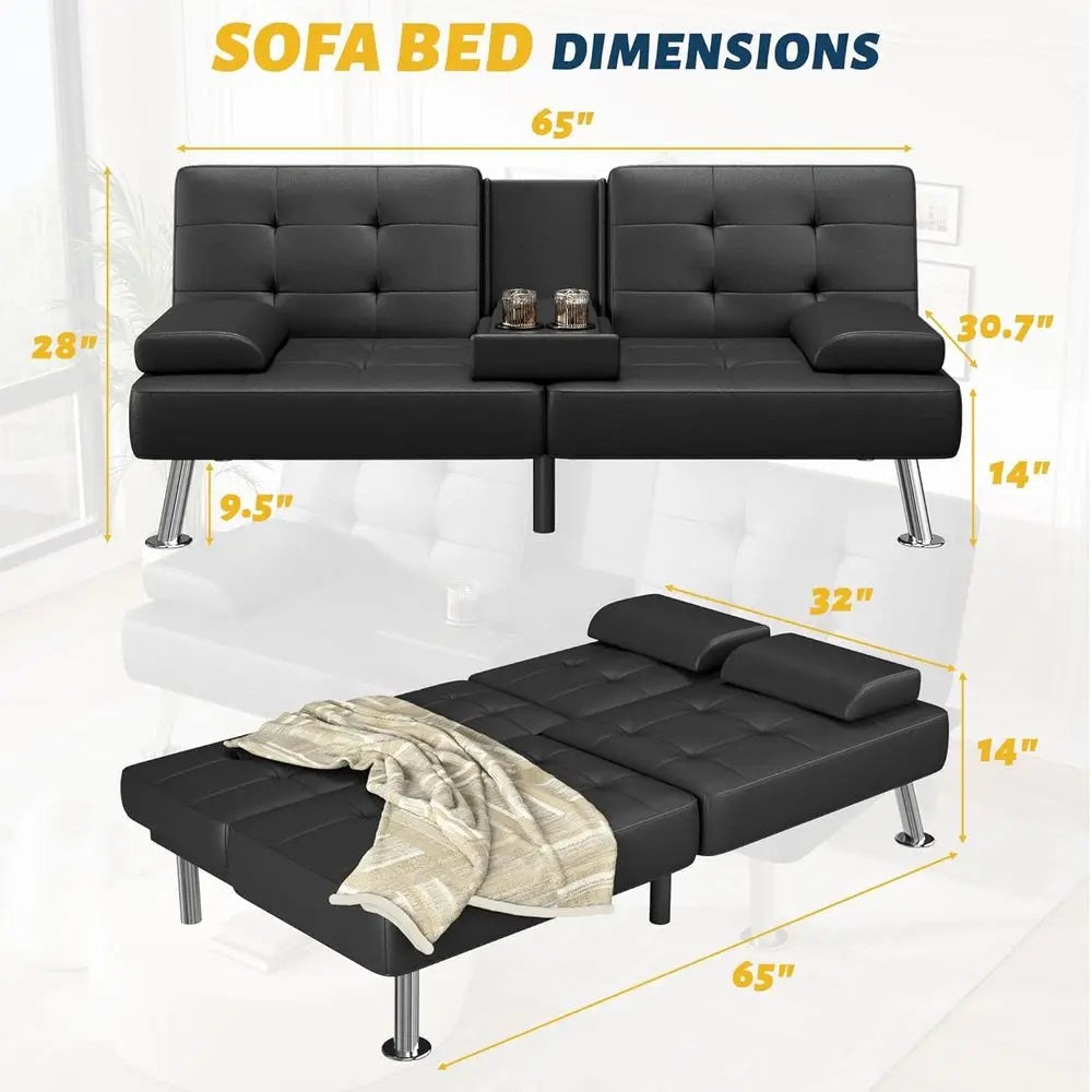 Sofa Bed Adjustable Couch Sleeper Soa Bed or Living Room, Business Office, Recliner Sofas with Cup Holders (PU Leather, Black)