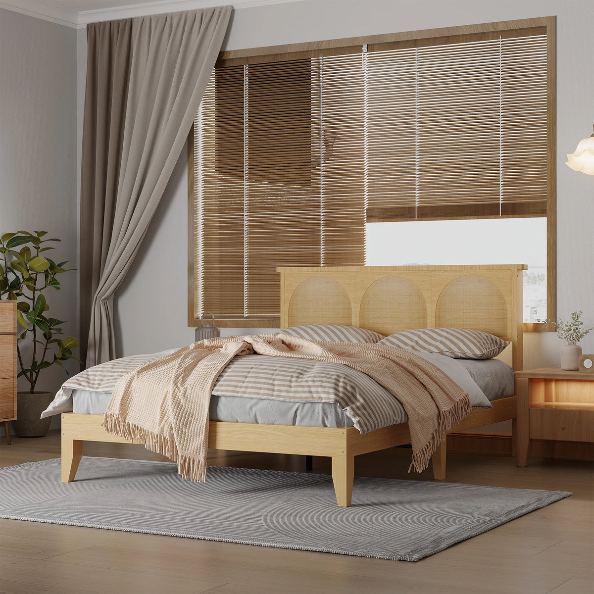 Modern Queen Platform Bed Frame with Natural Rattan Headboard, LED Lighting, 8" Storage, Sturdy Wooden Slats, Noise-Free Design, Easy Assembly, No Box Refresh Required