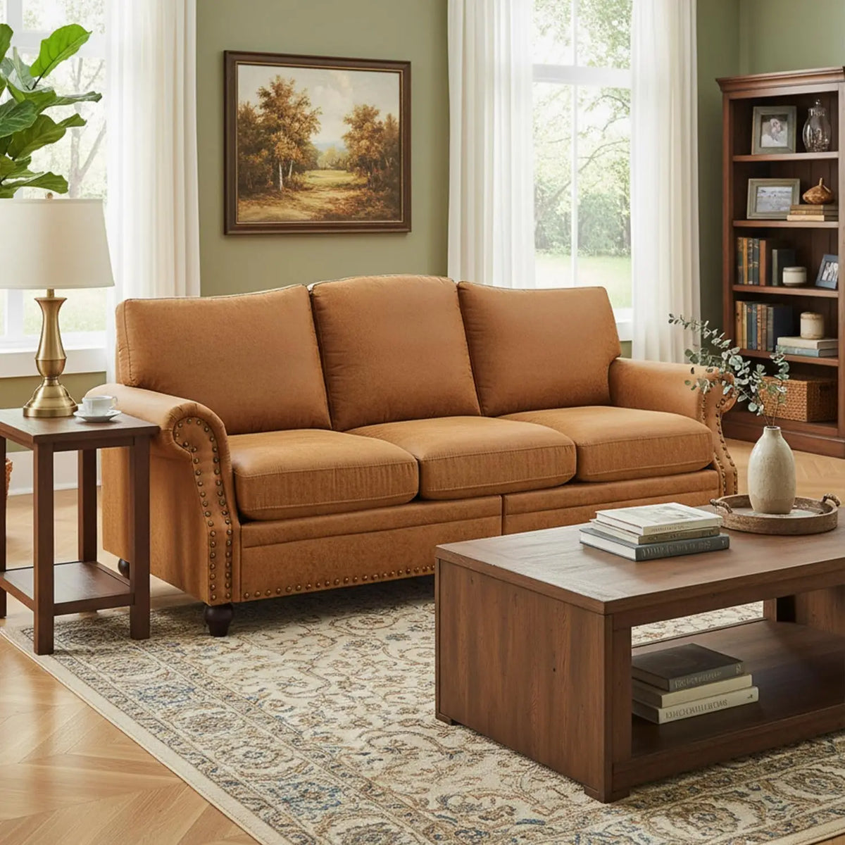 Faux Leather Couch for Living Room, Mid Century Modern Leather Sofa with Rolled Arm, Classic 3 Seat Brown Couches with Nailheads Trim, Big Comfy Couch with Deep Seat