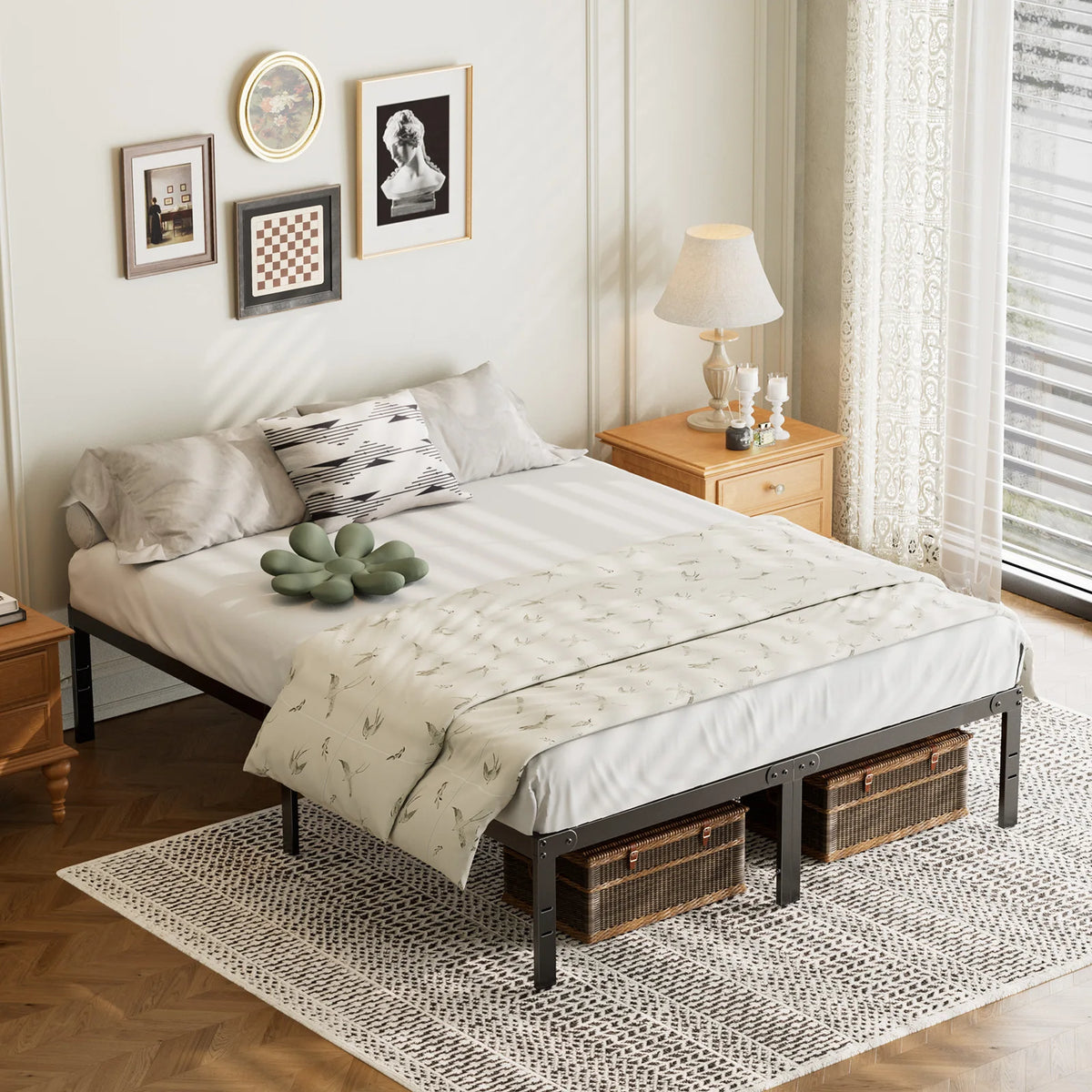 16 Inch Platform Bed Frame Full Size Metal Platform with Storage Sturdy Steel Slat Support Bedroom Bed Heavy Capacity