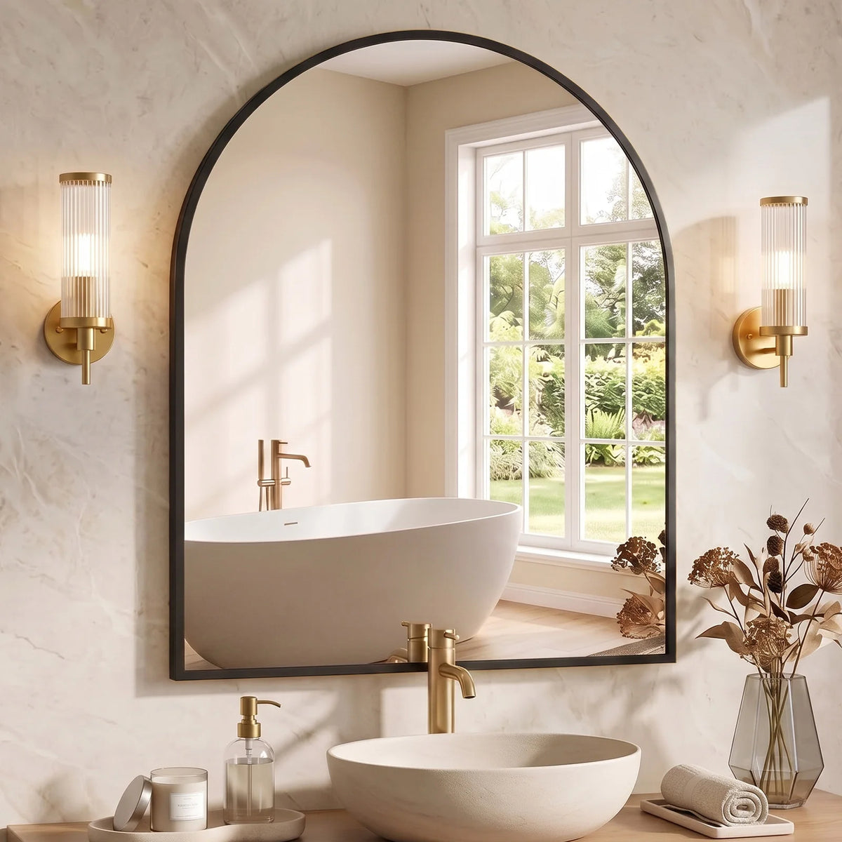 Arched Bathroom Mirror or Over Sink Wall Mounted Aluminum Alloy Frame Mirror Horizontal or Vertical Hanging Modern Wall Mount Vanity Mirror for Home