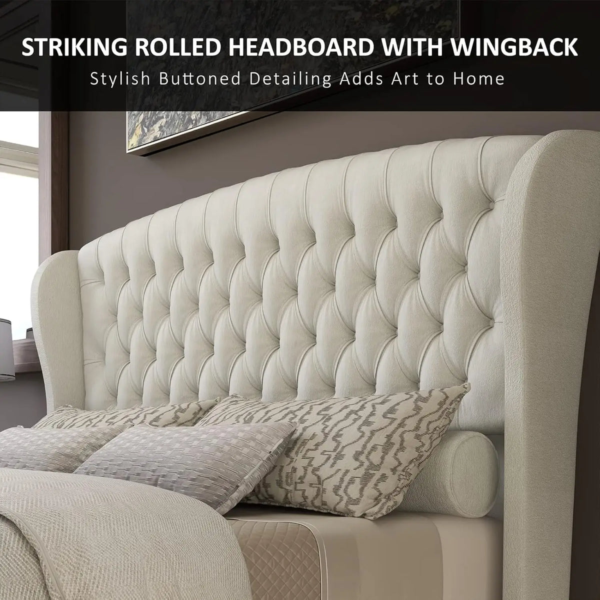 Queen Size Platform Bed Frame, Chenille Upholstered Sleigh Bed with Scroll Wingback Headboard & Footboard/Button, Customized