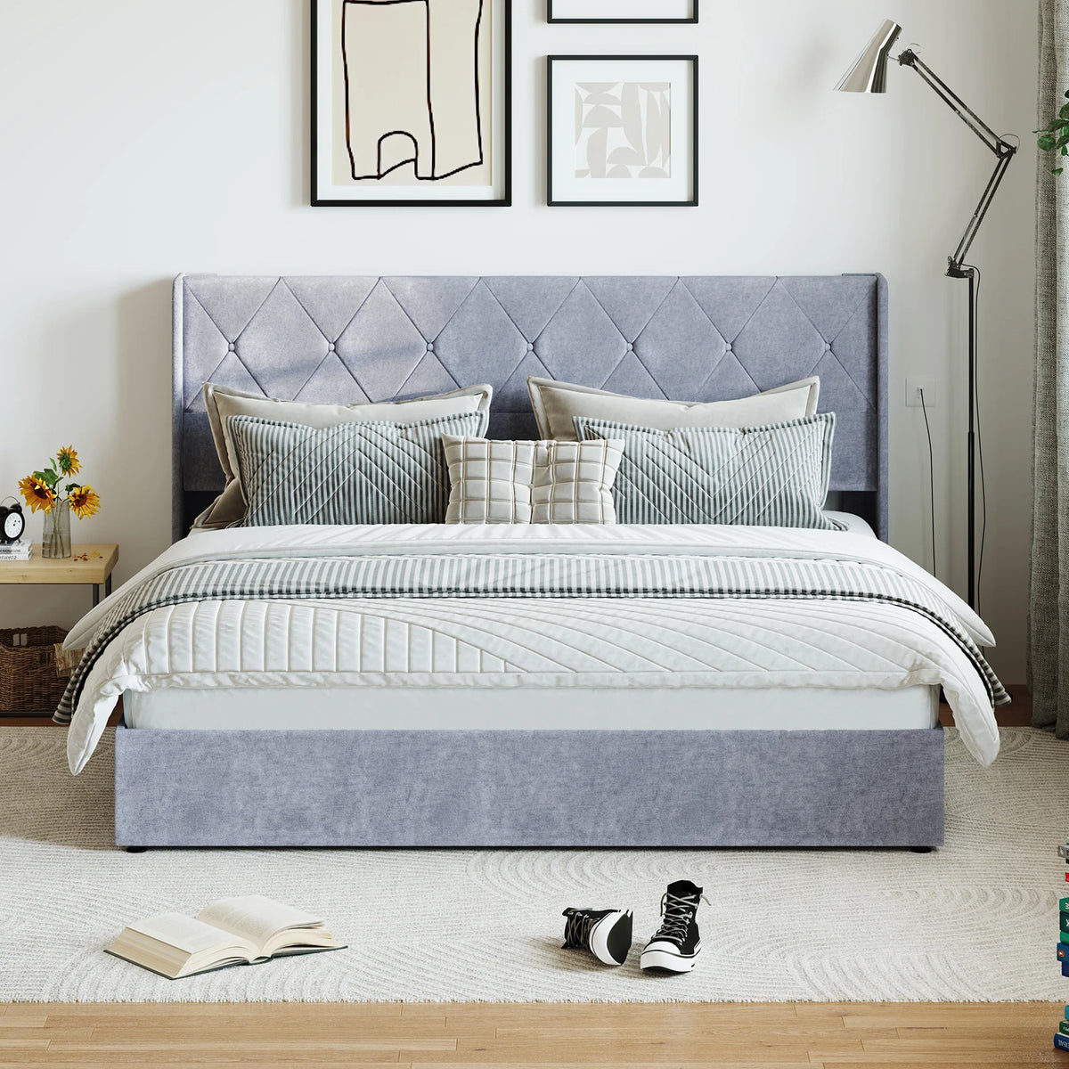 Lift Up Storage Bed Modern Upholstered Platform Bed Frame with Wingback Headboard Hydraulic Lift Storage No Box Spring Needed Easy Assembly For Bedroom